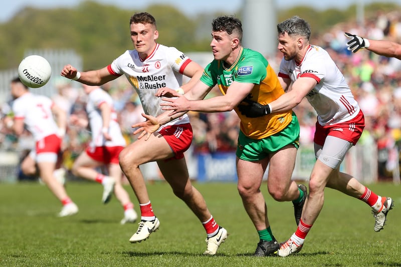 Donegal's Patrick McBrearty with Tyrone's Matthew Donnelly and Colm Kilpatrick. Photograph: Lorcan Doherty/Inpho