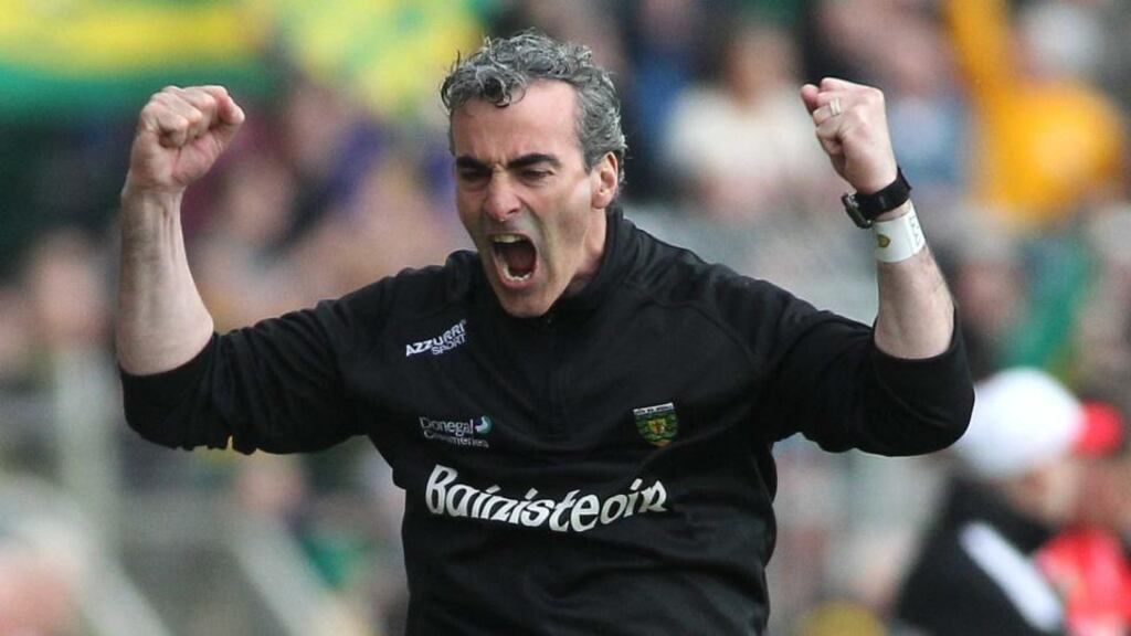 Jim McGuinness celebrates a score at Ballybofey yesterday. Photograph: Inpho/Russell Pritchard