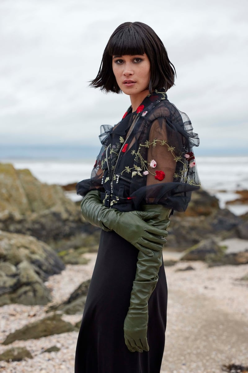 Montserrat gloves €435, puff sleeve biker jacket €1,380 by Simone Rocha at Havana, slip dress €350 by Marie Jo Laine at Susan Hunter