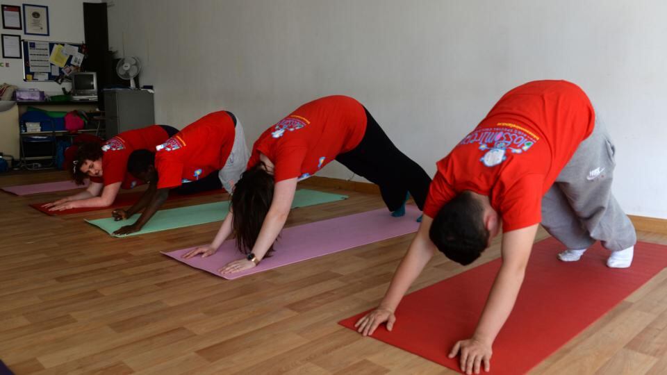 From left, Alicia Moore, Haile Harton, Ciara Hurley (primary school teacher) and Sean Wheeler, Blossom Ireland group, at Raheny Dance Studio, in Dublin. Photograph: Dara Mac Dónaill