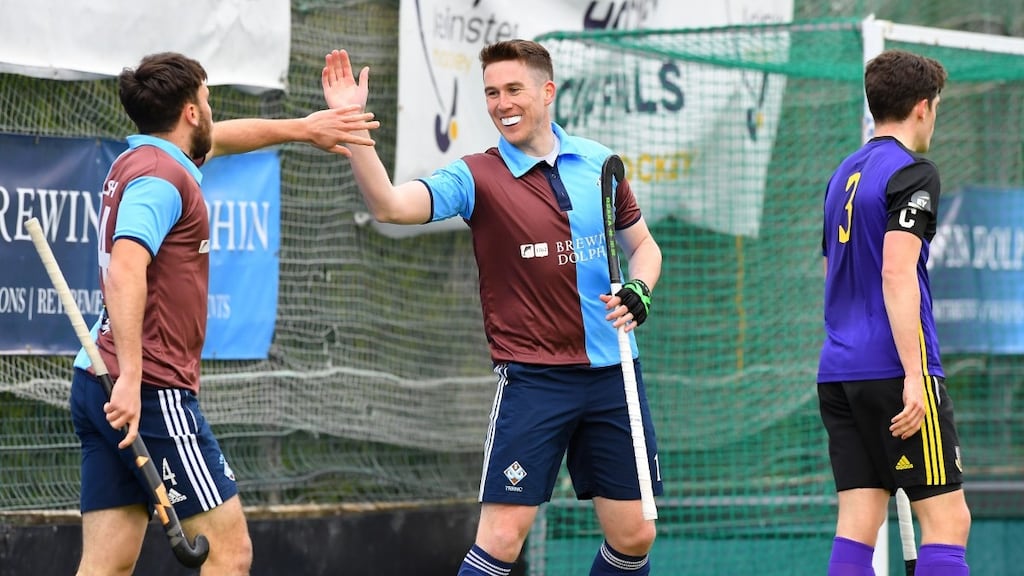 Three Rock Rovers’ Mark English celebrates during their win over Pembroke. Photograph: Adrian Boehm