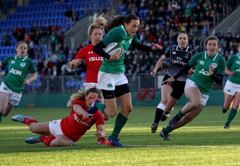 Tyrrell scoring a try against Wales in the women's Six Nations championship in Donnybrook Stadium in 2018. Photograph: Bryan Keane/Inpho
