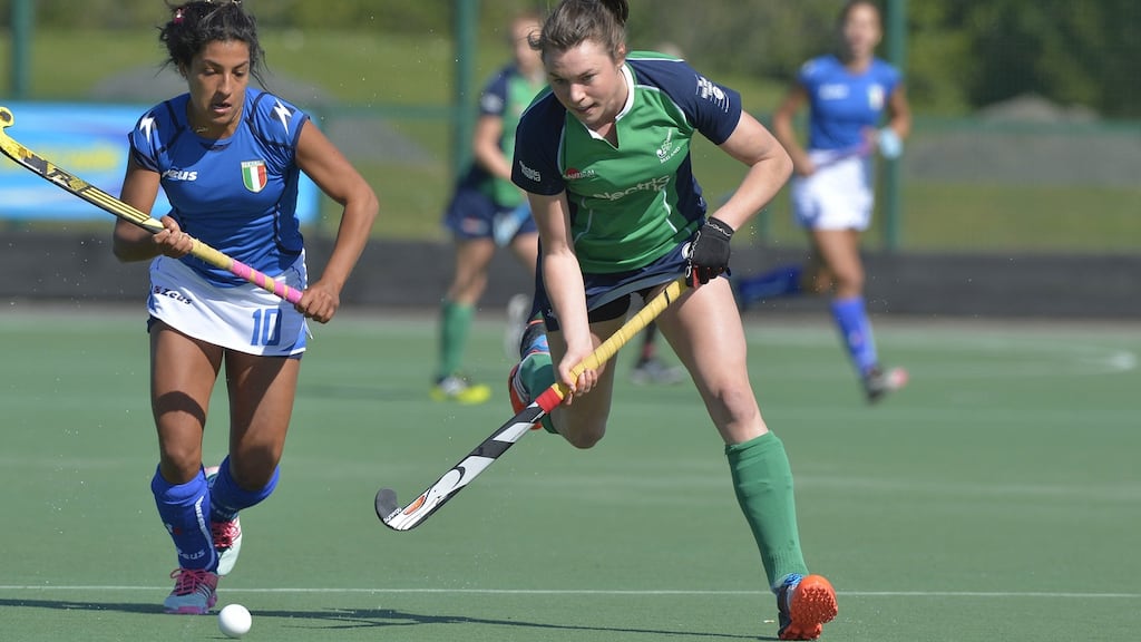 Ireland’s Deirdre Duke and Dalila Mirabella of Italy: The UCD skipper   is back on the Irish senior women’s panel after leading her club to a treble. Photograph:  Rowland White/Presseye/INPHO
