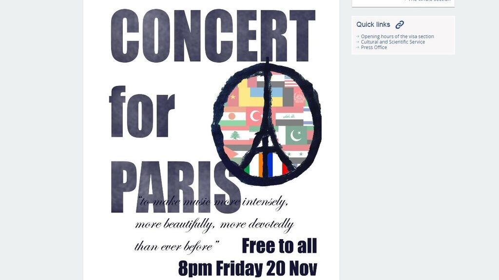 The Concert for Paris event is being organised by artistic director of charity orchestra Co-Orch, John Doyle, and will bring together a host of choirs, orchestras and individual musicians who will contribute their time to participate. Photograph: Embassy of France in Dublin