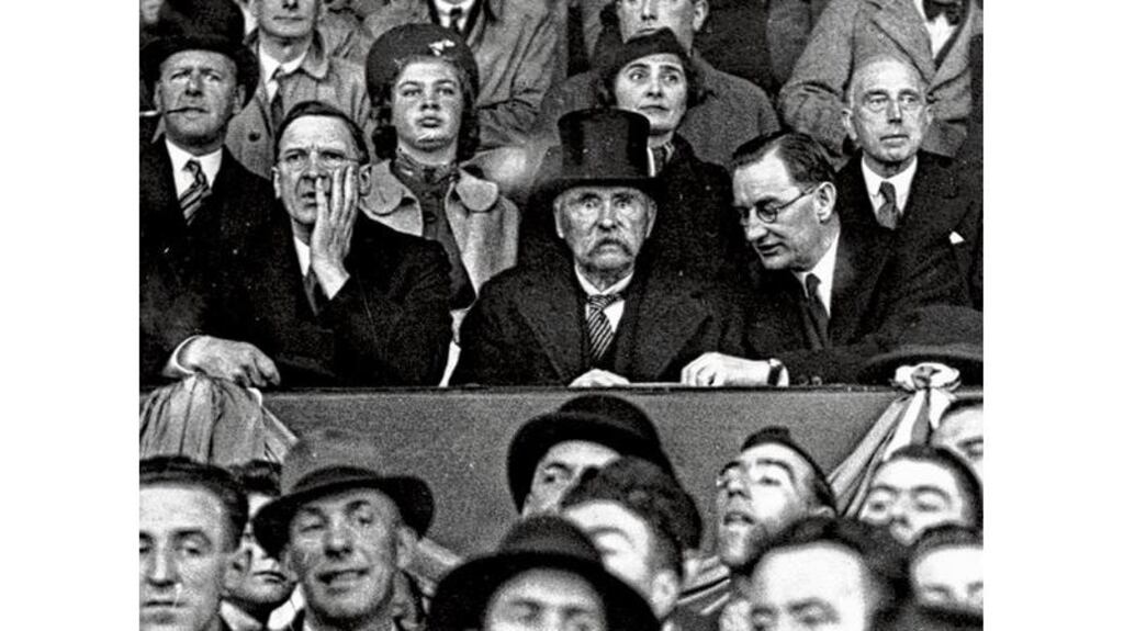 The match in question: Éamon de Valera, Douglas Hyde and Oscar Traynor watch Ireland beat Poland 3-2 in Dalymount Park, Dublin, in 1938. photograph: getty images