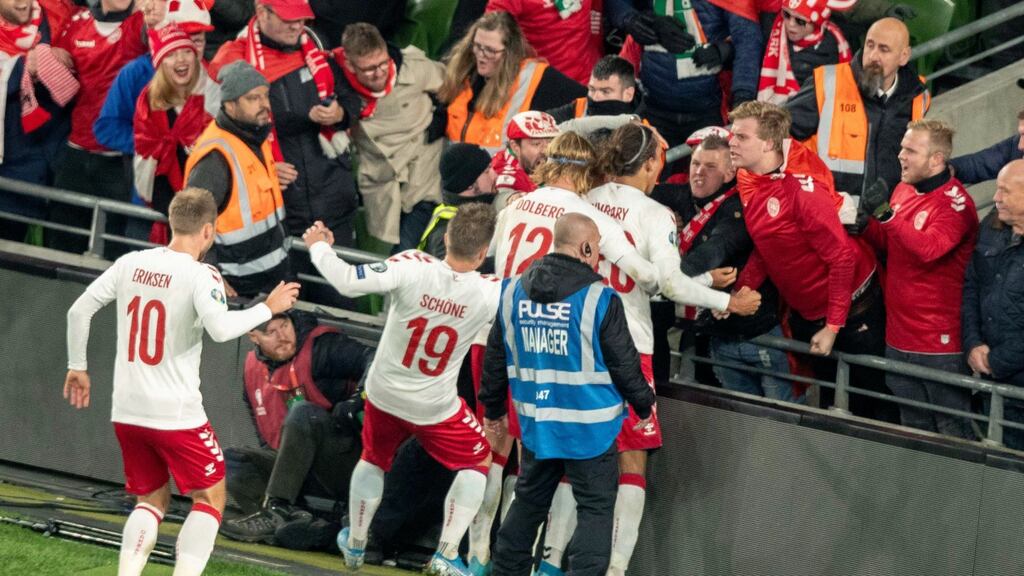Martin Braithwaite of Denmark celebrates scoring. Photograph: Morgan Treacy/Inpho