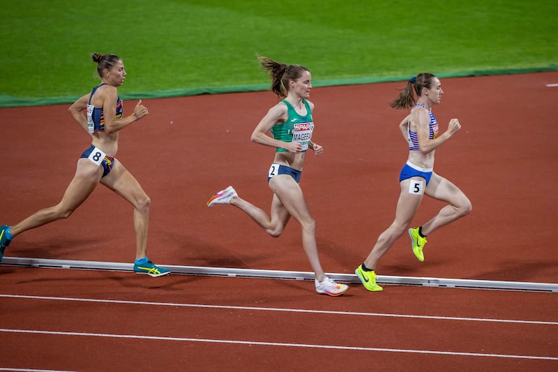 "It’s jumping off your couch as Ciara Mageean sees the indomitable champion Laura Muir kick with just over a lap to go in the European final and hops right up onto her shoulder, joining the fight and laying herself bare." Photograph: Morgan Treacy/Inpho