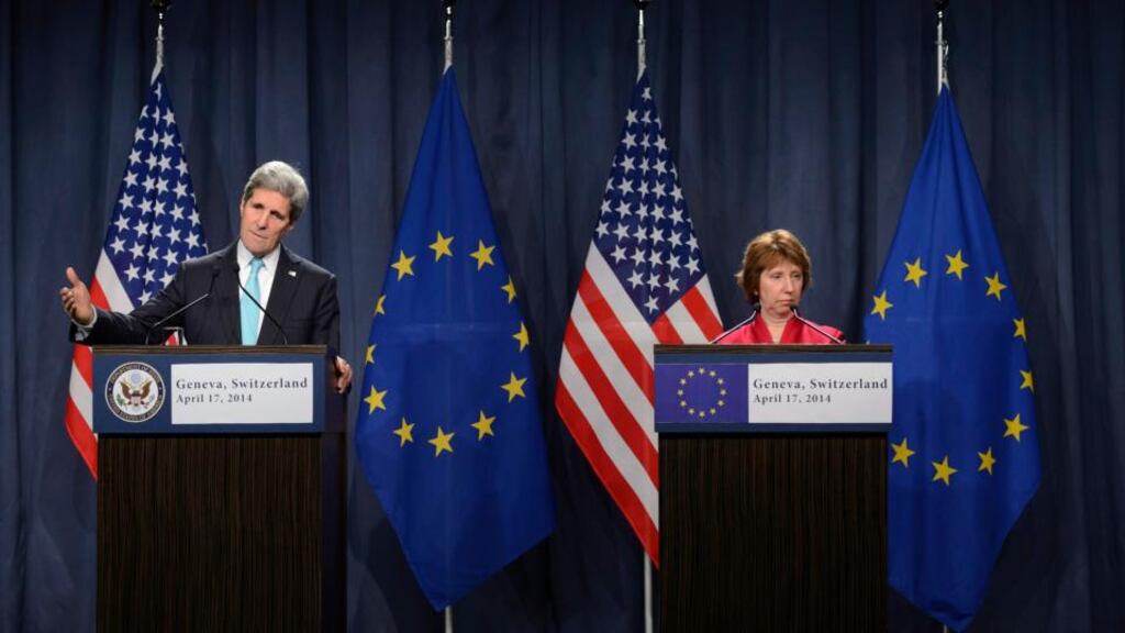 US secretary of state John Kerry, left, EU High Representative for Foreign Affairs and Security Policy Catherine Ashton, right, speak to the media during a press conference following their meeting among the United States, Ukraine, Russia, and the European Union to discuss the ongoing situation in and around Ukraine, in Geneva, Switzerland. Photograph: Martial Trezzini/EPA