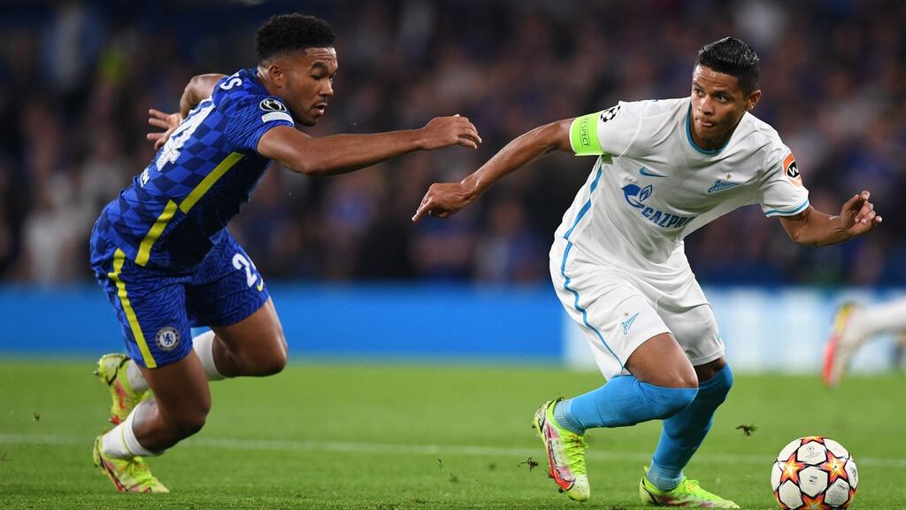 Reece James in action for Chelsea against Zenit St Petersburg’s Douglas Santos during the Champions League game at Stamford Bridge. Photograph: Daniel Leal-Olivas/AFP via Getty Images