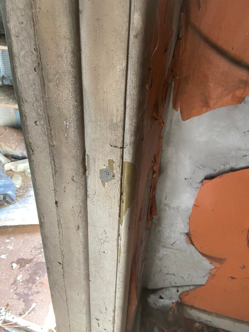 A bullet’s strike mark on the frame of the kitchen door, where Declan O’Dowd was shot dead.