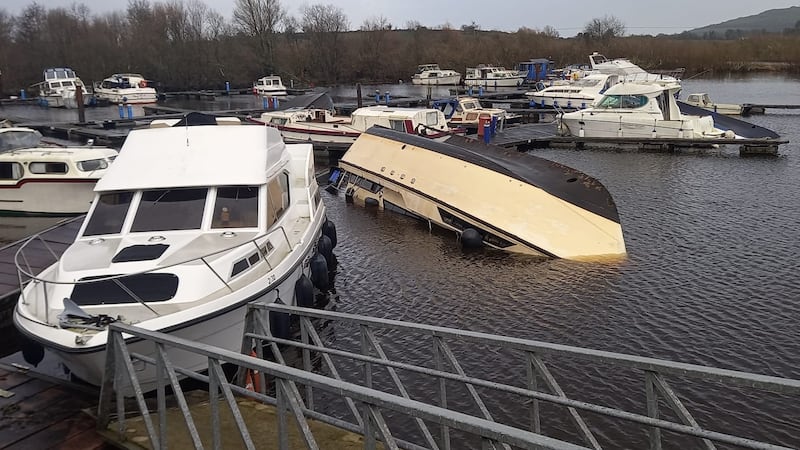 A tornado hit Leitrim village blowing the roof off at least one house and damaged others. Cars were damaged by debris and boats moored at the jetty overturned. Photograph: Willie Donnellan