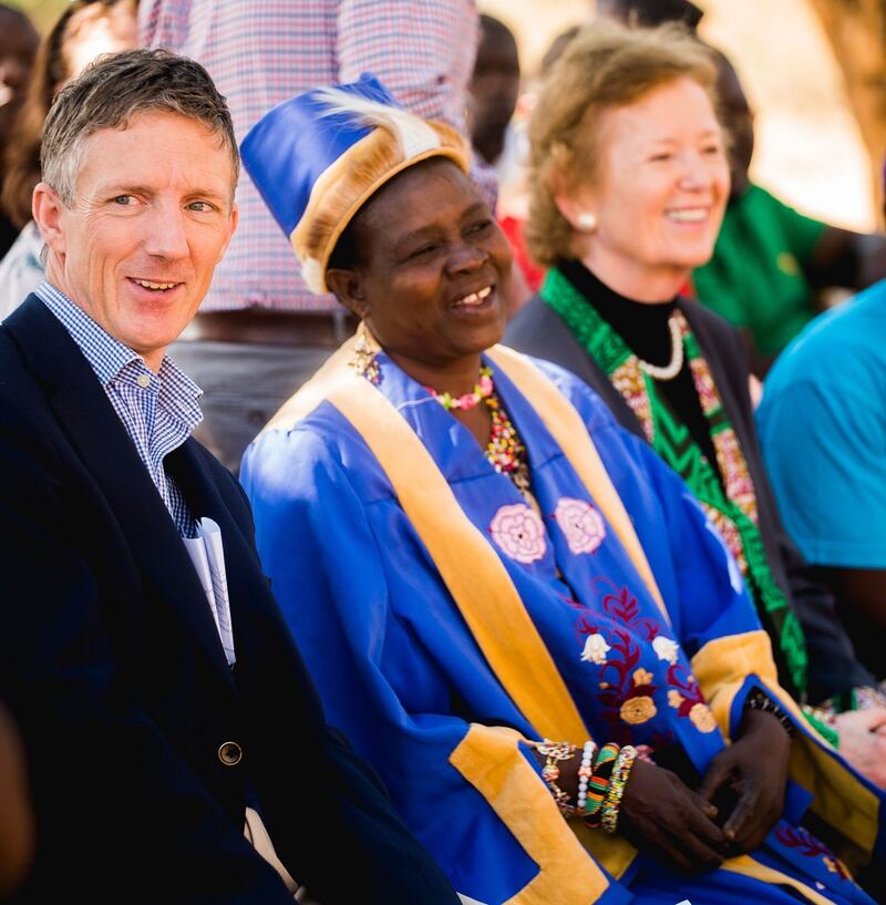 Ambassador to Malawi Gerry Cunningham, with Paramount Chief Theresa Kachindamoto of the Dedza District, and former president of Ireland Mary Robinson.