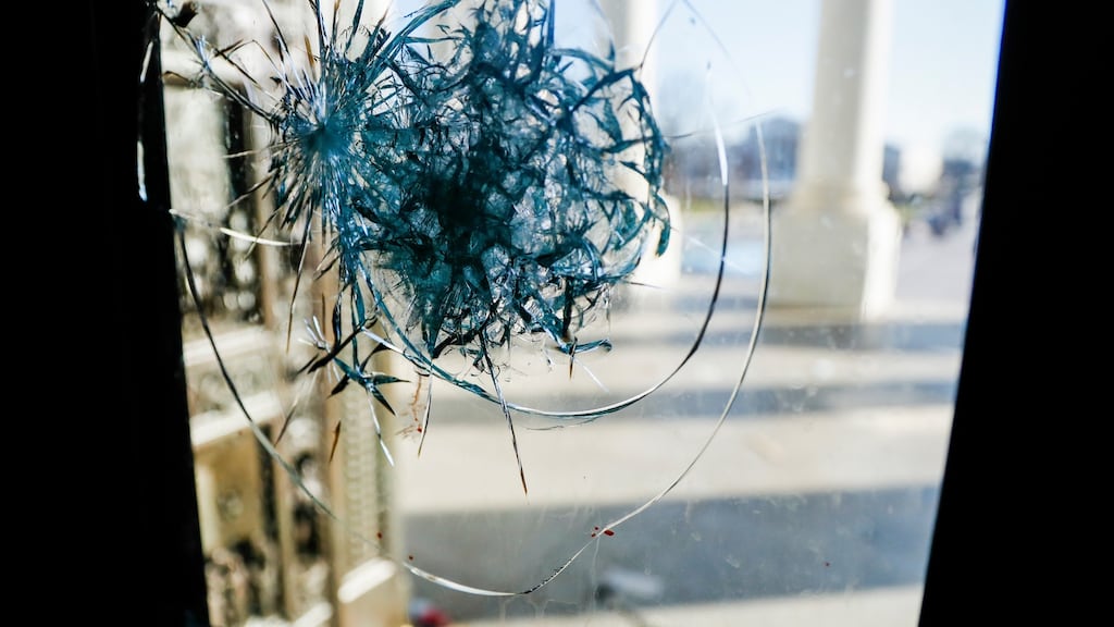 Shattered reinforced glass in the US Capitol in Washington DC. Photograph: Shawn Thew/EPA