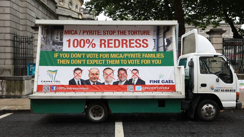 Mica protestors looking for 100% Redress outside the Dail on Kildare Street. Photograph: Nick Bradshaw
