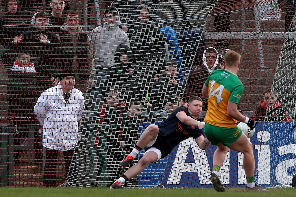 Armagh goalkeeper Blaine Hughes saves a penalty from Donegal's Oisín Gallen during the Allianz Football League Division Two match at the Athletic Grounds. Photograph: Leah Scholes/Inpho