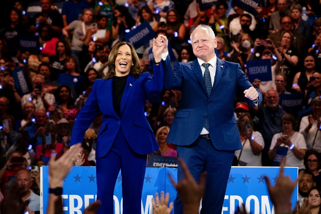 Democratic Party candidates for US president and vice-president, Kamala Harris and Tim Walz, on stage during a campaign rally, in Milwaukee, Wisconsin, on Tuesday. Photograph: Erin Schaff/New York Times