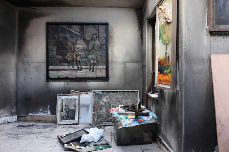 Some of Pat Curran's art works after the arson attack on his home in a case of mistaken identity. Photograph: Dara Mac Dónaill