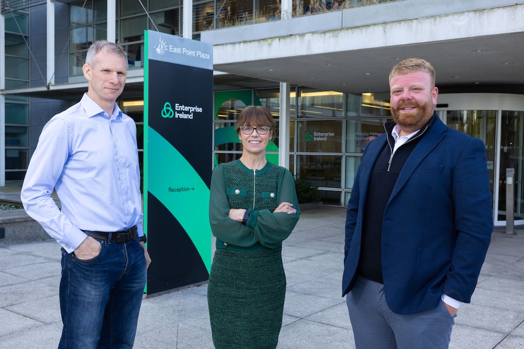 Fergal Meegan of Assiduous, Jenny Melia of Enterprise Ireland and Craig Lancaster of Pilot Path. Photograph: Shane O'Neill/Coalesce
