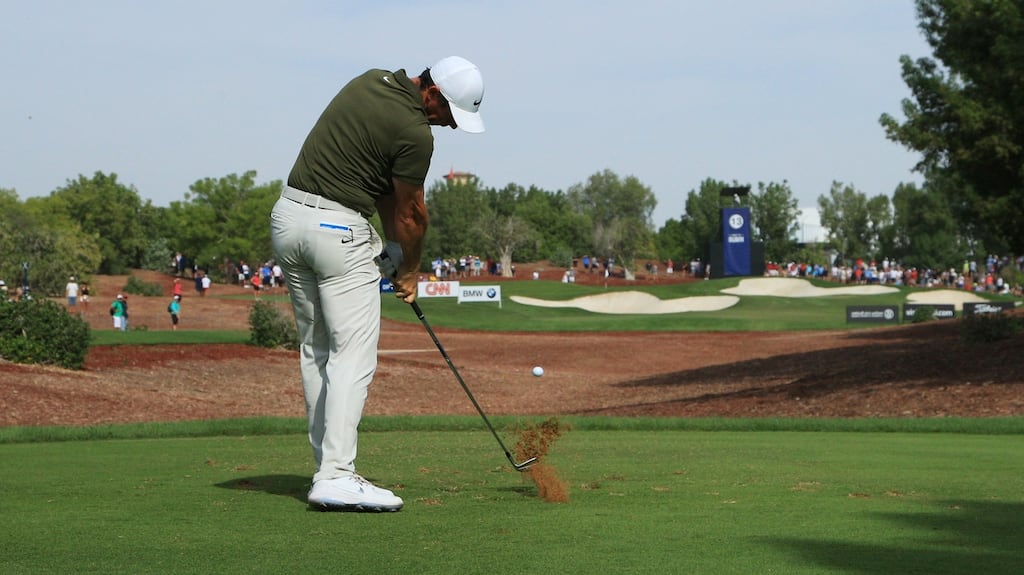Rory McIlroy of Northern Ireland tees off on the 13th hole during day two of the DP World Tour Championship at Jumeirah Golf Estates in Dubai, United Arab Emirates. Photo: Andrew Redington/Getty Images