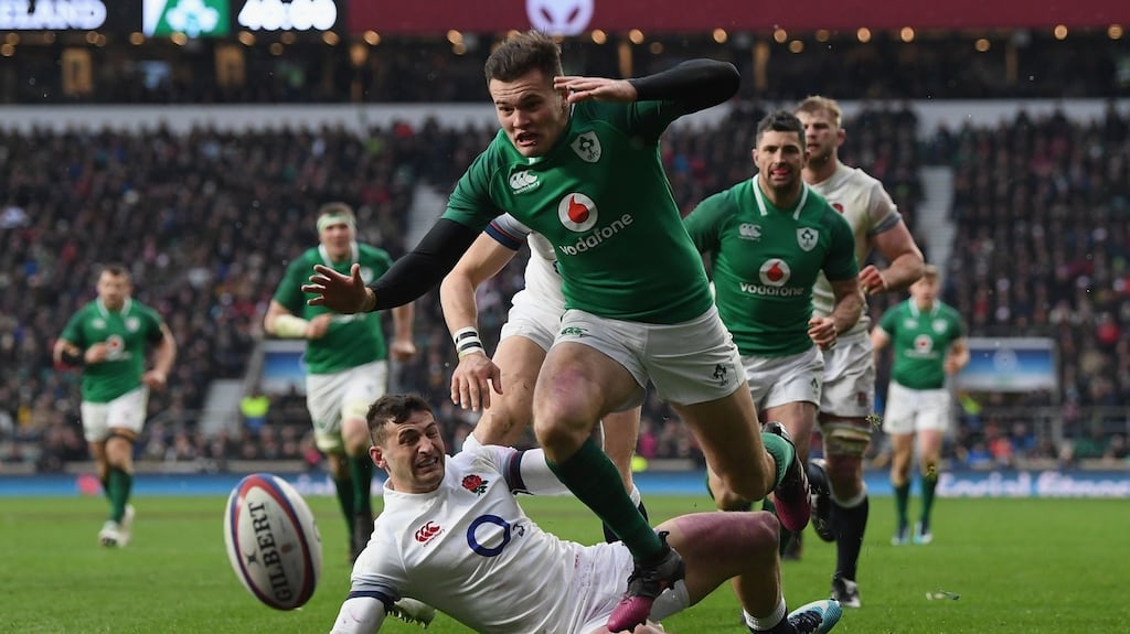 Jacob Stockdale of Ireland on his way to touching down his side’s third try during Saturday’s Six Nations match at Twickenham Stadium. Photograph: Shaun Botterill/Getty Images