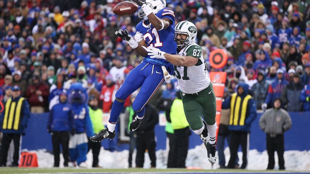 Leodis McKelvin intercepts the ball in the endzone ahead of Eric Decker during the Buffalo Bills win over the New York Jets. Photograph: Getty