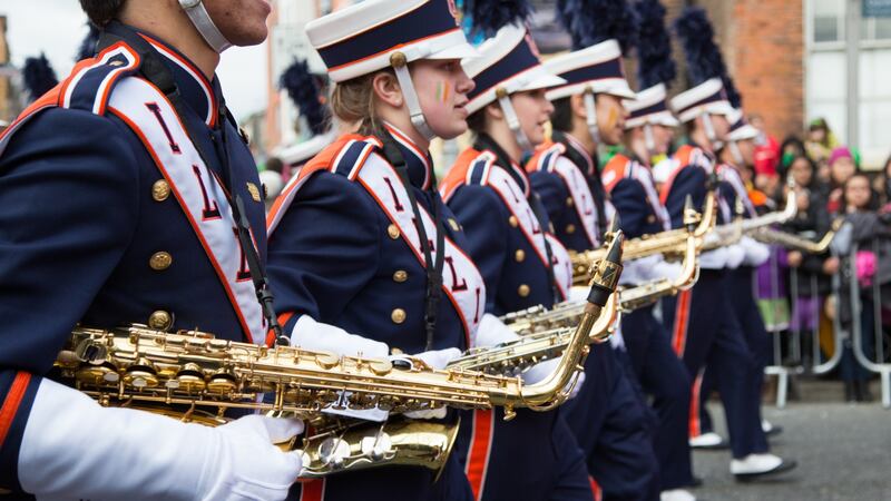 Measuring 106 metres in length, their group of 310 performers, the Marching Illini band are back in Dublin for the eighth time this year. Photograph: David Soanes