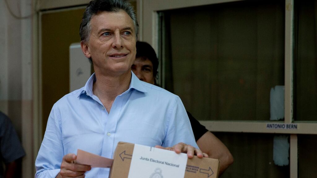 Opposition presidential candidate Mauricio Macri votes during the runoff presidential election in Buenos Aires, Argentina, Sunday. Photograph: Natacha Pisarenko/AP