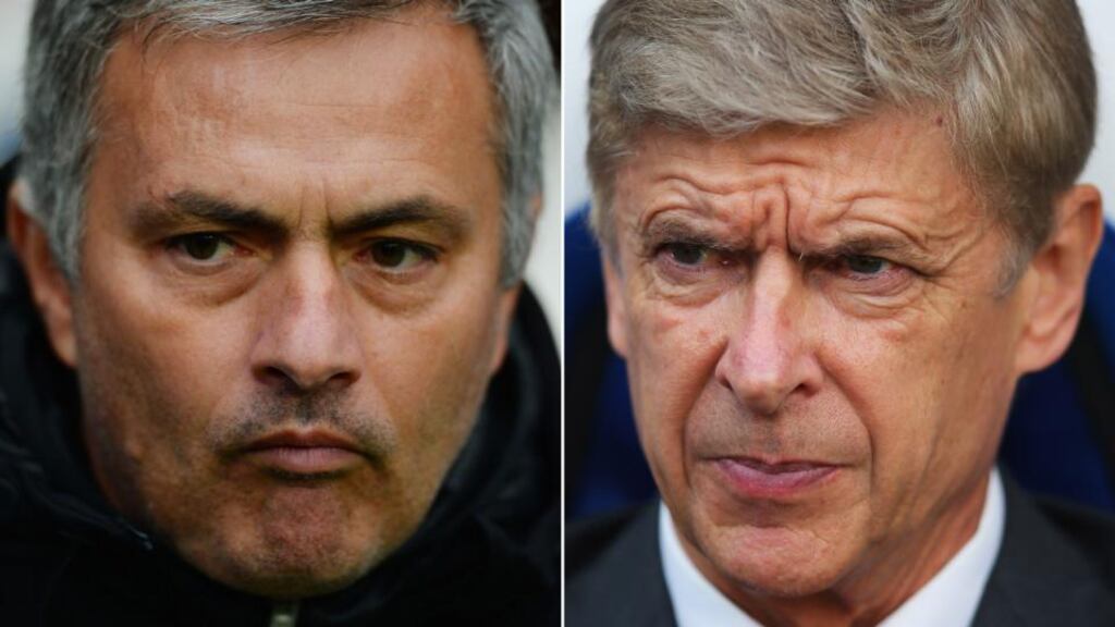 Chelsea Manager Jose Mourinho (L) and Arsenal Manager Arsene Wenger whose sides meet in a big Premier League clash at the Emirates Stadium.