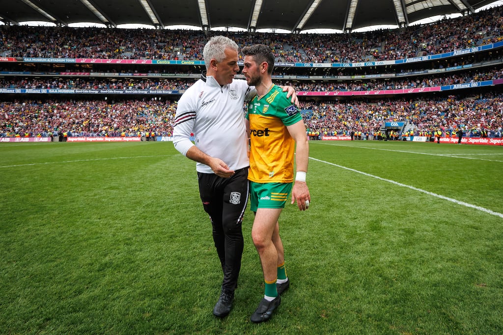 Donegal’s Ryan McHugh and Galway manager Pádraic Joyce at the All-Ireland senior football championship semi-final in Croke Park. Photograph: Ryan Byrne/Inpho