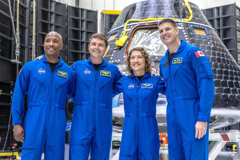 Astronauts Victor Glover, Reid Wiseman, Christina Hammock Koch and Jeremy Hansen, members of the Artemis 2 crew, in front of Nasa's Orion spacecraft at the Kennedy Space Center in Titusville, Florida, on August 8th. Photograph: Cristobal Herrera-Ulashkevich/Shutterstock