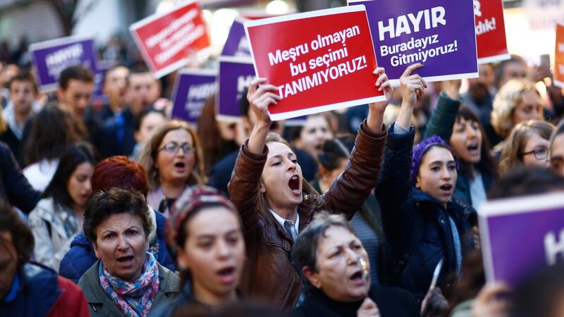 Protesters during a rally in Istanbul against the referendum result which increased president Recep Tayyip Erdogan’s power. Photograph: Sedat Suna/EPA