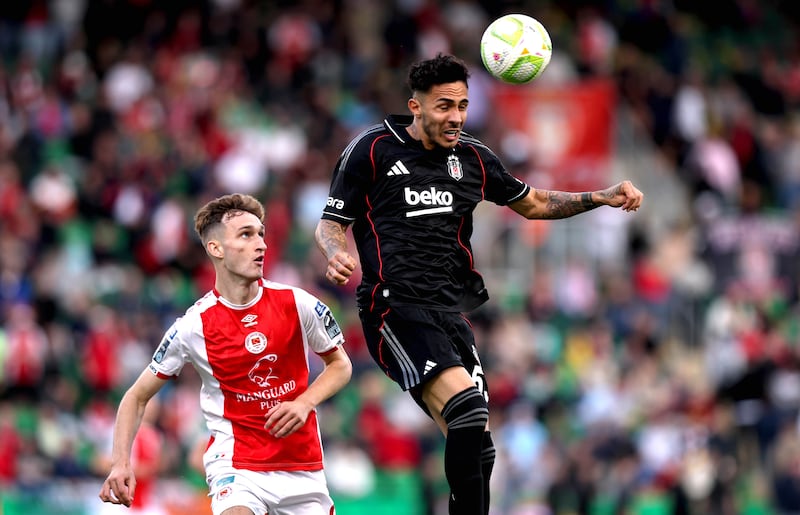 Pats' Mason Melia and Emirhan Topçu of Beşiktaş. Photograph: Ryan Byrne/Inpho