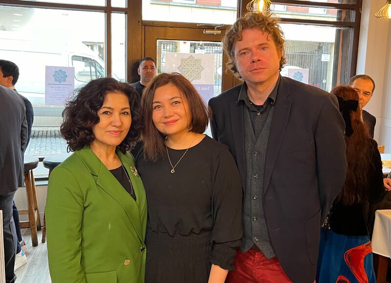 Nuria Zyden (centre) with Rushan Abbas (left) and David O’Brien at the launch of the Uyghur Irish Cultural Association in Dublin in January 2024. Photograph: Colm Keena