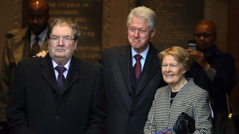 Former US president Bill Clinton with former SDLP leader John Hume and Mr Hume’s wife, Pat, at the Guildhall in Derry yesterday. Photograph: Paul Faith/PA Wire
