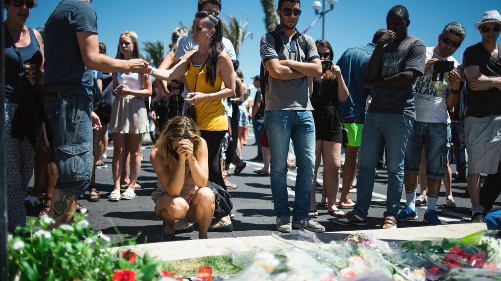 A  memorial near the Promenade des Anglais the day after a truck was driven through a Nice crowd on  Bastille Day  killing 84. Photograph: Dmitry Kostyukov/The New York Times
