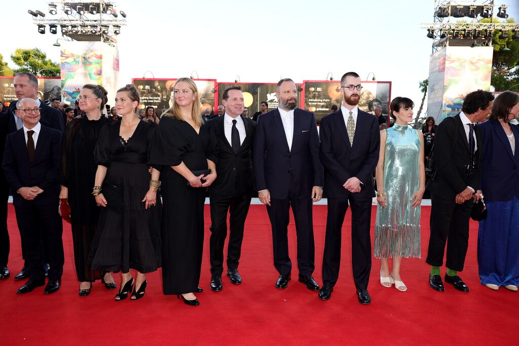 Irish film Poor Things premiere: Andrew Lowe (l-r), Ed Guiney, guest, Holly Waddington, H Stacey, guest, Yorgos Lanthimos and guests attend a red carpet at the 80th Venice International Film in Venice, Italy. Photograph: Andreas Rentz/Getty Images