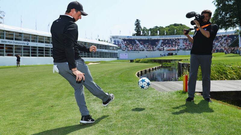 Rory McIlroy  takes part in a football golf challenge on the 18th hole during the BMW PGA Championship Pro-Am  at Wentworth. Photograph: Warren Little/Getty Images
