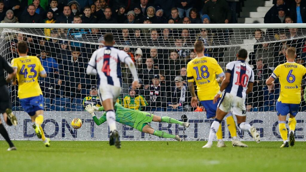 West Bromwich Albion’s Matt Phillips scores his team’s second goal against Leeds at The Hawthorns. Photograph: PA