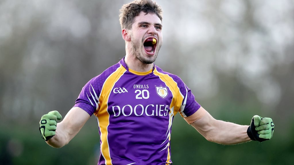 Derrygonnelly’s Lee Jones celebrates at the final whistle of the AIB Ulster Club Senior Football Championship quarter-final against Dromore at Páirc Colmcille, Carrickmore. Photograph: Bryan Keane/Inpho