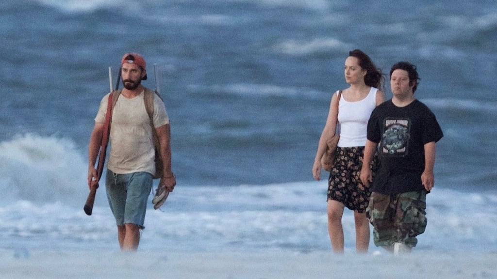 Shia LaBeouf, Dakota Johnson and Zack Gottsagen in The Peanut Butter Falcon