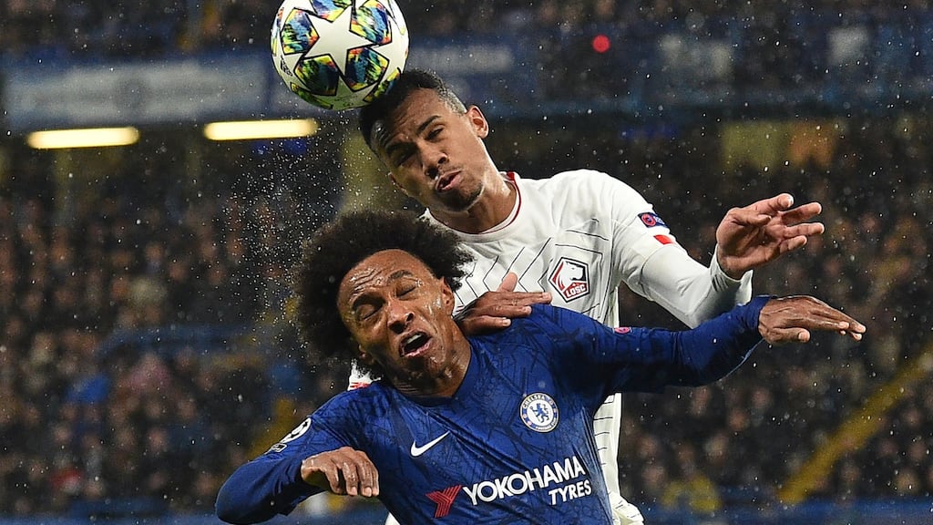 New Arsenal signings Gabriel Magalhães and Willian competing against each other in the Champion’s League match between Lille and Chelsea at Stamford Bridge. Photograph: Glyn Kirk/AFP via Getty Images