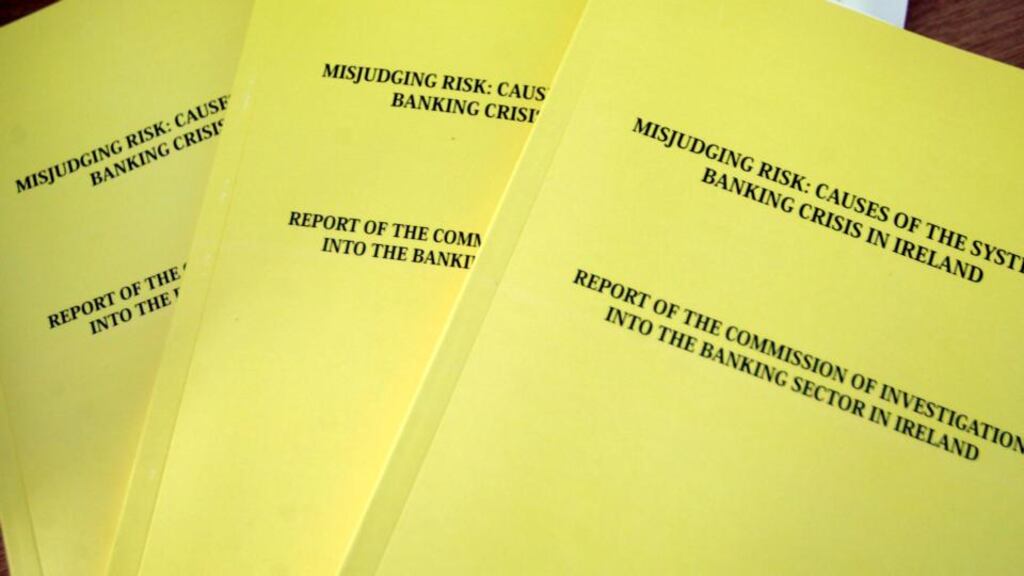 Copies of the Nyberg report into the banking collapse which was published in 2011. Tánaiste Eamon Gilmore has said he hoped the public banking inquiry would start work within months. Photograph: Bryan O’Brien/The Irish Times