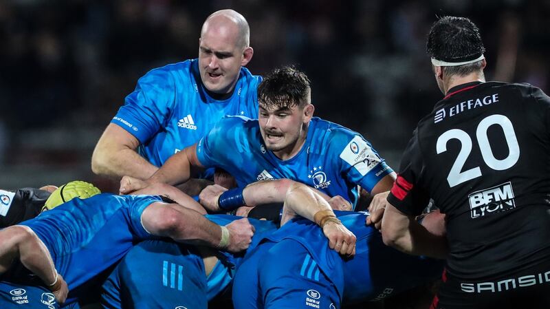Leinster’s Devin Toner and Max Deegan in action in their Heineken Champions Cup Round 2 match against Lyon last November. Photograph: Billy Stickland/Inpho