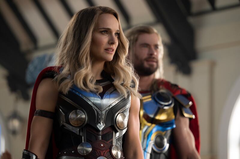 Natalie Portman as Mighty Thor and Chris Hemsworth as Thor in Thor: Love and Thunder. Photograph: Jasin Boland/Marvel Studios
