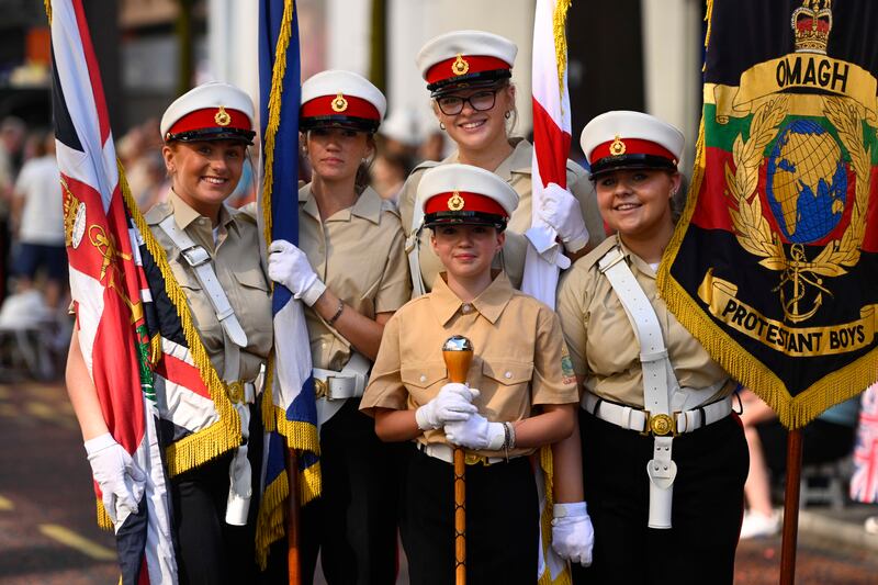 People take part in a Twelfth of July parade in Belfast. Photograph: Mark Marlow/PA