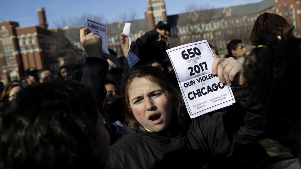 Students from Lane Technical College Preparatory High School take part in a nationwide school walkout to demand an end to gun violence in Chicago, Illinois. Photograph: Joshua Lott/AFP/Getty