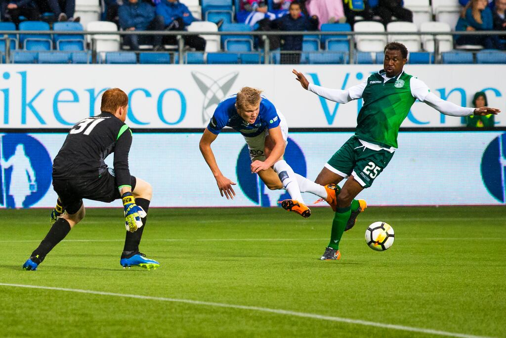 A young Erling Haaland in action for Molde against Hibernian in a Champions League qualifier in 2018. Photograph: Svein Ove Ekornesvaag/NTB Scanpix/AFP via Getty Images