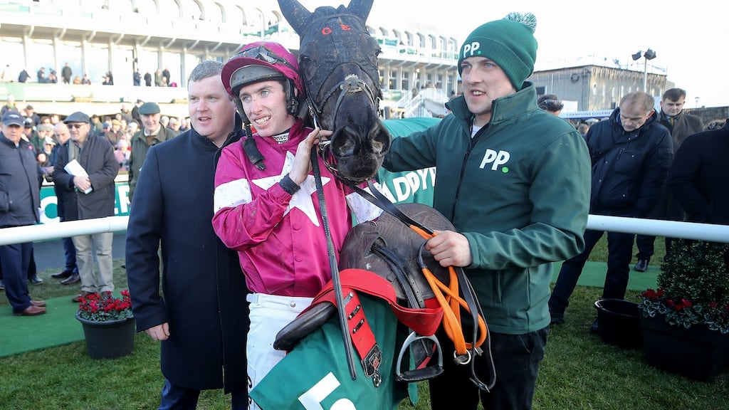 Trainer Gordon Elliott (left) with jockey Jack Kennedy after Delta Work’s victory in the the Irish Gold Cup at Leopardstown last February. Photograph: Bryan Keane/Inpho