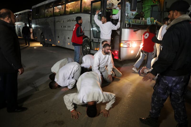 Palestinians celebrate as they arrive in the Gaza Strip after being released from an Israeli prison as part of the ceasefire deal. Photograph: Jehad Alshrafi/AP