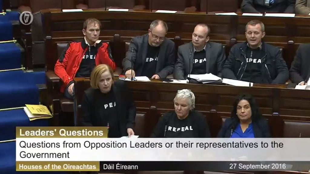 Ruth Coppinger speaking in the Dáil as six TDs from the Anti-Austerity Alliance-People Before Profit group wore sweaters with the Repeal slogan in reference to the ongoing abortion debate. Photograph: Oireachtas TV/PA Wire